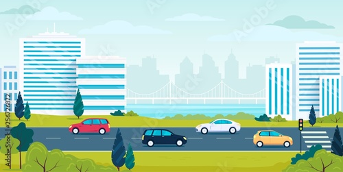 City transport highway cars and cityscape illustration