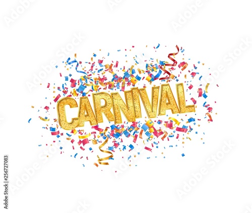 Isolated vector Carnival golden word and colorful confetti on white background design element. EPS 10