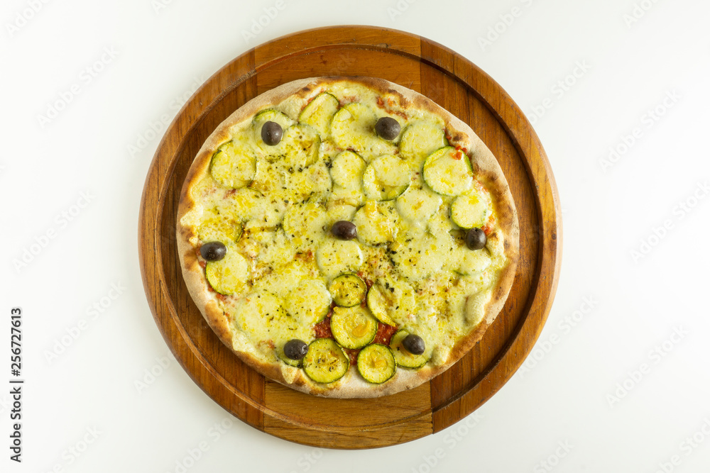 Vegetarian zucchini pizza on white background Vegetarian zucchini pizza on white background