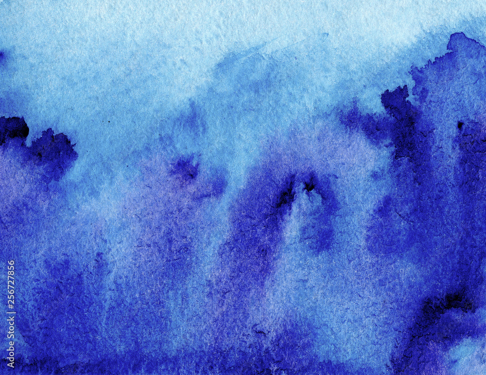 Abstract watercolor painted background with blue wash layers. Sky and sea