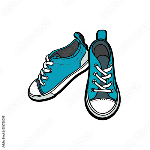 Sneakers shoes pair isolated. Hand drawn vector illustration of blue shoes. Sport boots hand drawn for logo, poster, postcard, fashion booklet, flyer. Vector sketch sneakers. Blue shoes.