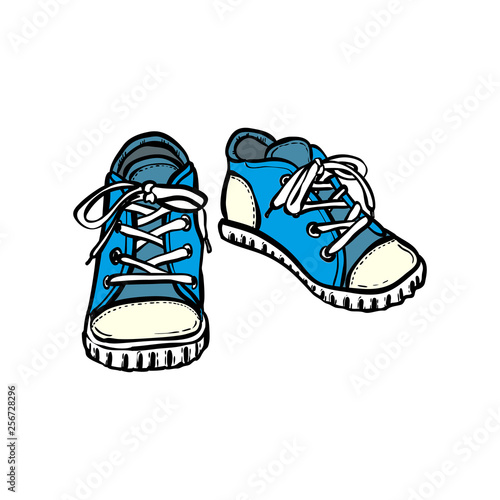Sneakers shoes pair isolated. Hand drawn vector illustration of blue shoes. Sport boots hand drawn for logo, poster, postcard, fashion booklet, flyer. Vector sketch sneakers. Blue shoes.