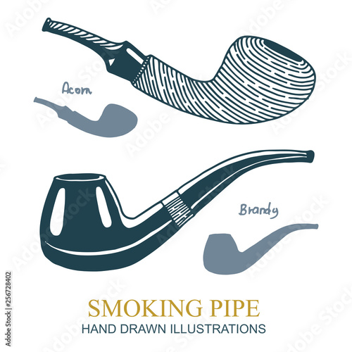 Smoking pipe. Tobacco pipe hand drawing vintage style illustrations. Part of set.