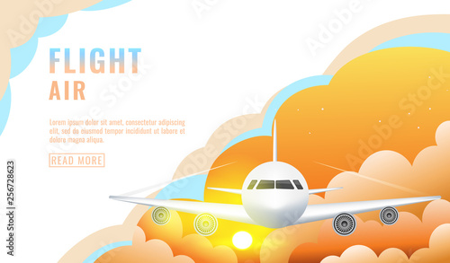 Landing page design, banner with flying airliner in sky with clouds, passenger aircraft, plane, tourism concept, vector
