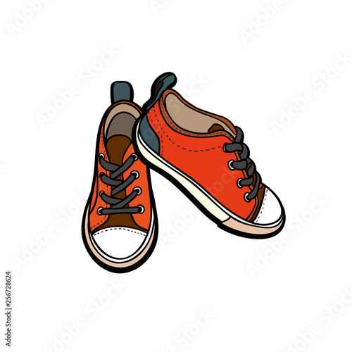 Sneakers shoes pair isolated. Hand drawn vector illustration of orange shoes. Sport boots hand drawn for logo, poster, postcard, fashion booklet, flyer. Vector sketch sneakers. Orange shoes.