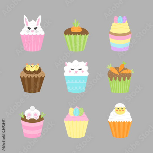 Easter, spring cupcakes vector illustration icon collection. Holiday, seasonal decorated cupcakes with frosting. Easter themed characters, candy and decorations. Isolated on grey background.