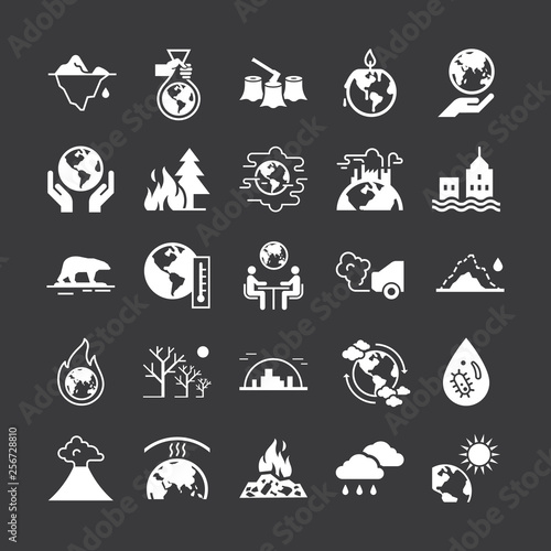 Set of vector icons on the theme of ecology, global warming and ecology problems of our planet as a whole. Different variants of environmental icons in flat style isolated on black background.