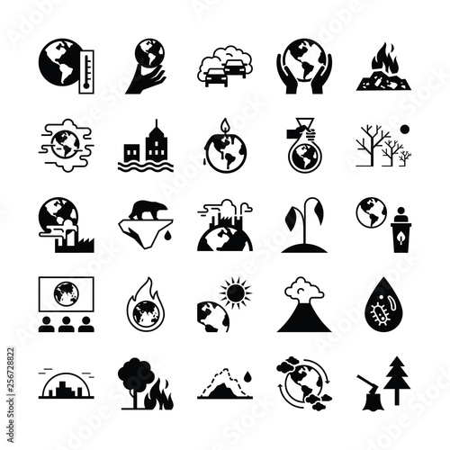 Set of vector icons on the theme of ecology, global warming and ecology problems of our planet as a whole. Different variants of environmental icons in flat style isolated on white background.