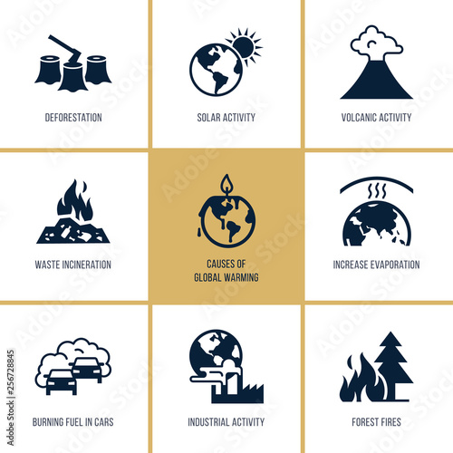Global warming vector icons on the theme of ecology problems of our planet as a whole for presentations. Different variants of environmental icons in flat style isolated on background.