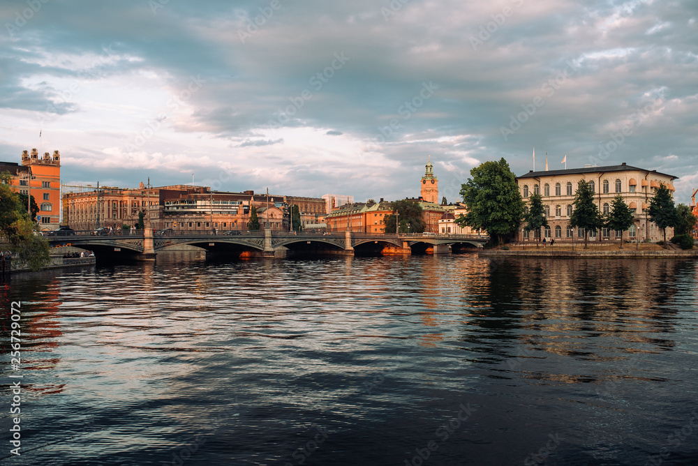 View of the Parliament, bridge and the Church of St. Nicholas in Stockholm in summer