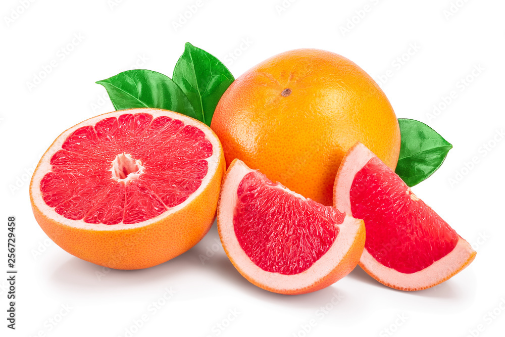 grapefruit and slice with leaves isolated on white background grapefruit and slice with leaves isolated on white background