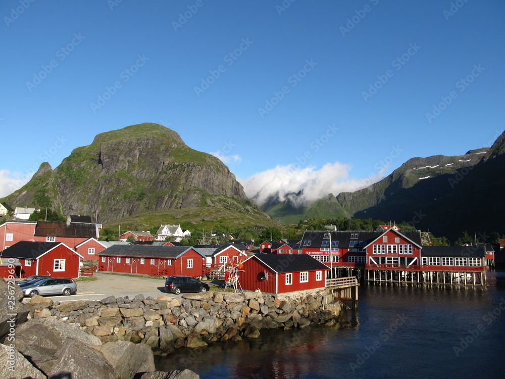 A typical village in lofoten with red houses on piles