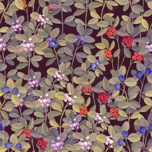 multicolor seamless patterrn with blooming blueberry and lingonberry plants and berries of varying degree of maturity. vector design for fashion,fabric,wallpaper and all prints on dark background © tinkerfrost