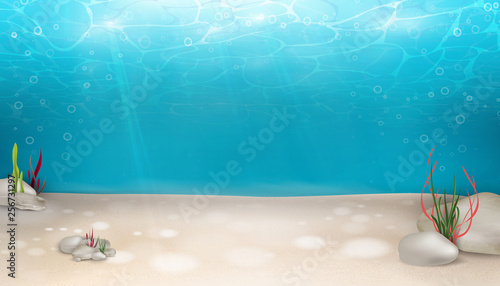 Underwater world nature scene background. Ocean, sea bottom life with blue water, seagrass, wave lights, bubbles of air, rays of sunshine. Marine undersea seascape backdrop. Summer. Blue underworld.