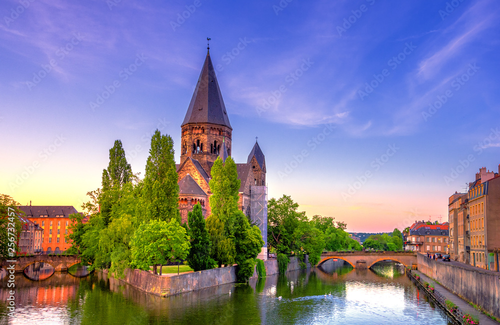 View of Metz with Temple Neuf at the Moselle River, Lorraine, France View of Metz with Temple Neuf at the Moselle River, Lorraine, France