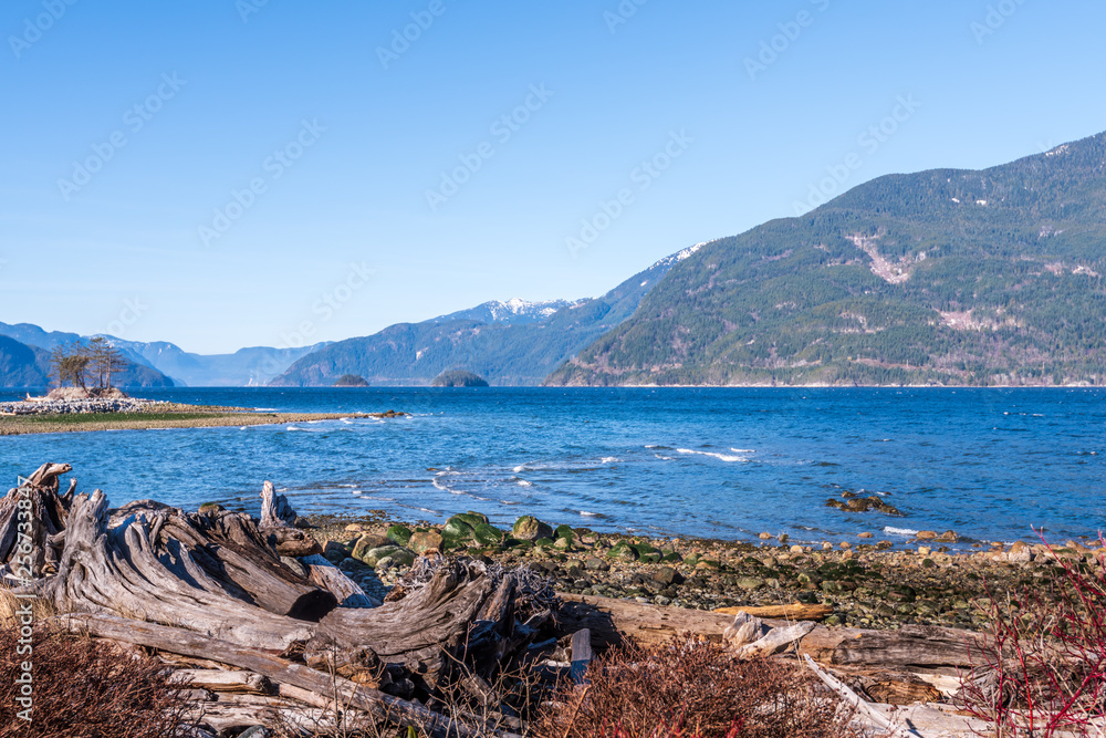View over Burrard Inlet, ocean and island  mountains in beautiful British Columbia. Canada.