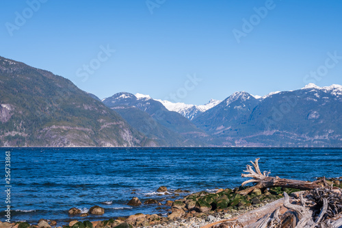 View over Burrard Inlet, ocean and island mountains in beautiful British Columbia. Canada.