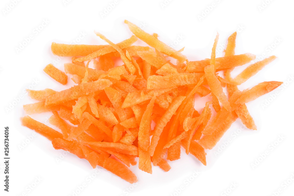 Fototapeta premium fresh shredded carrots isolated on white background, Top view. Flat lay