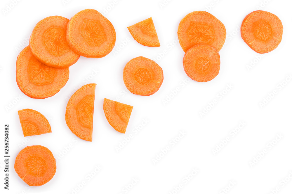 Carrot slice isolated on white background with copy space for your text. Top view. Flat lay - obrazy, fototapety, plakaty 
