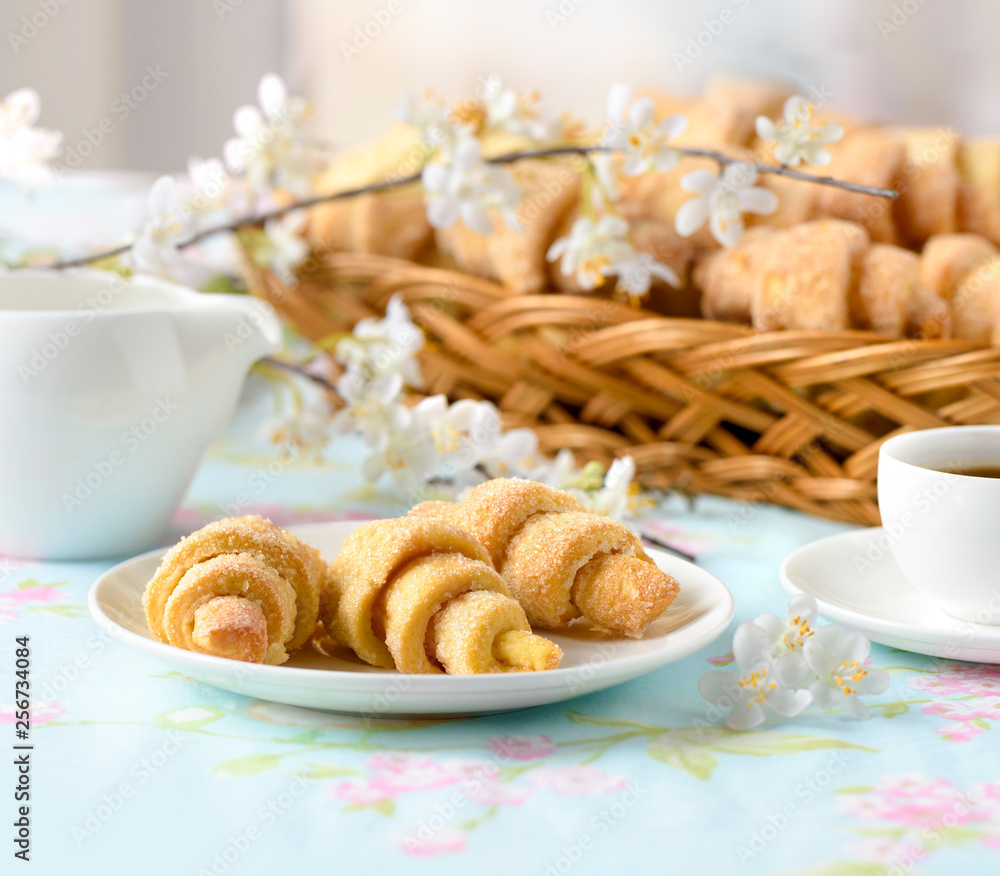 Homemade croissants cakes on a table Homemade croissants cakes on a table