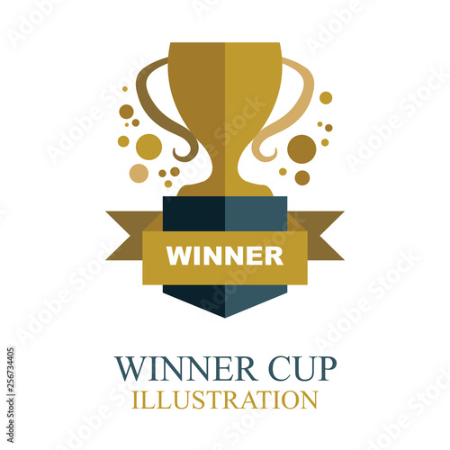 Winner cup. Golden winner cup illustration with ribbon. Trophy cup flat icon.