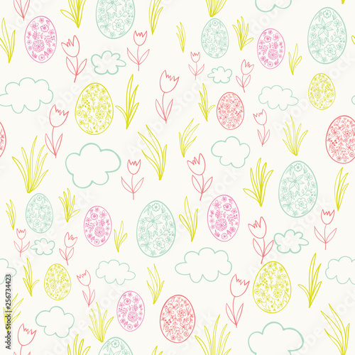 Seamless pattern with eggs, flowers and clouds on white background. Line art. Cute background for Easter Celebration.