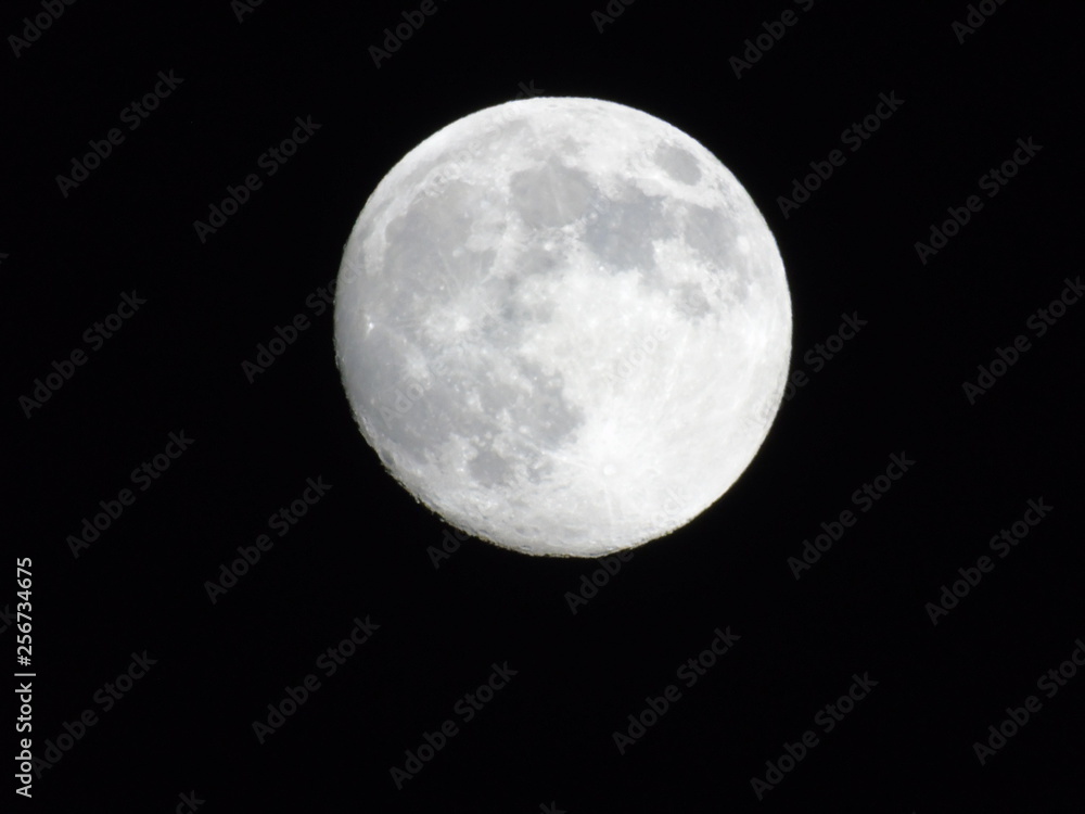 Obraz premium Genova, Italy - 03/20/2019: An amazing photography of the full moon over the city of Genova by night with a great clear sky in background and some stars