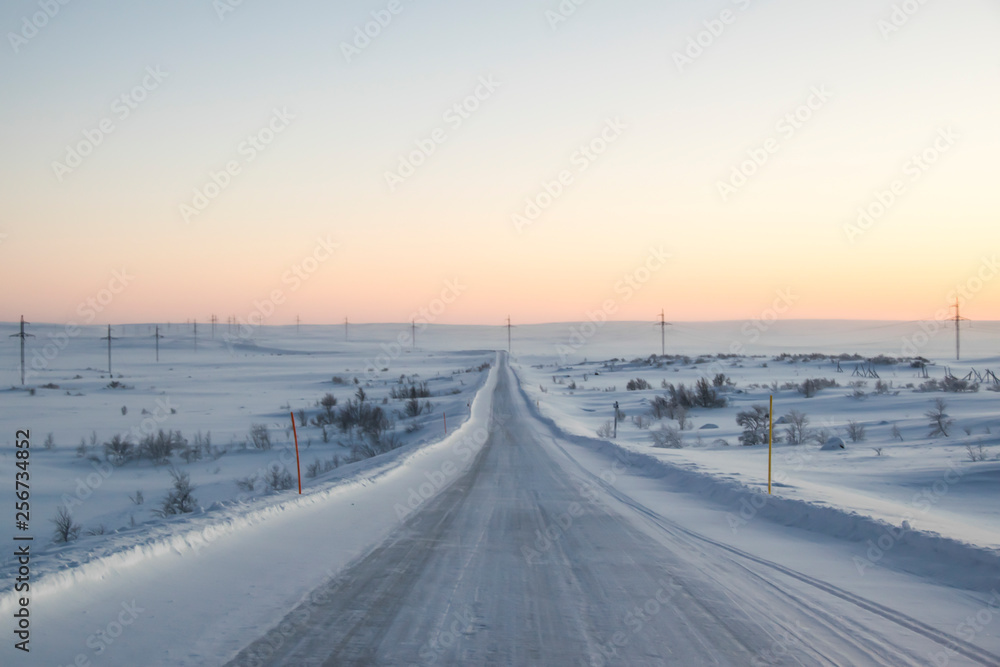 pink dawn in the tundra everywhere white snow nobody  road