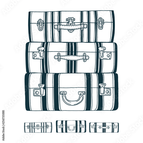 Suitcases. Baggage sketch drawing. Baggage stack hand drawn vector illustration.