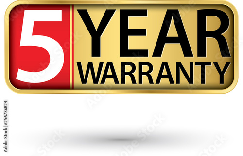 5 year warranty golden label, vector illustration