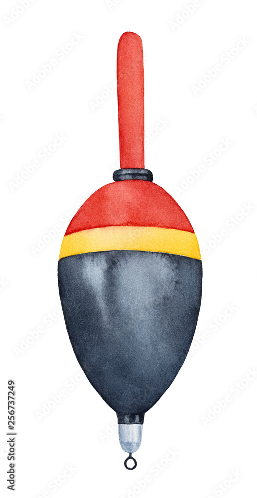 Obraz premium Fishing float (bobber), angling equipment item. One single object, side view, egg shaped, striped, multicolored. Handdrawn watercolour painting on white background, cutout clip art element for design.