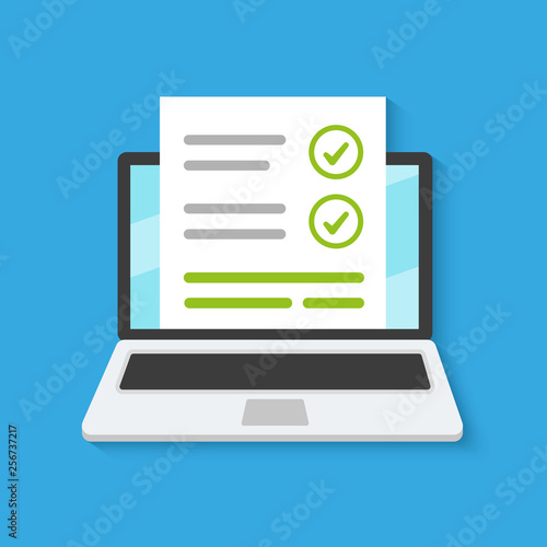 Online form survey on laptop. Vector illustration. Flat style design