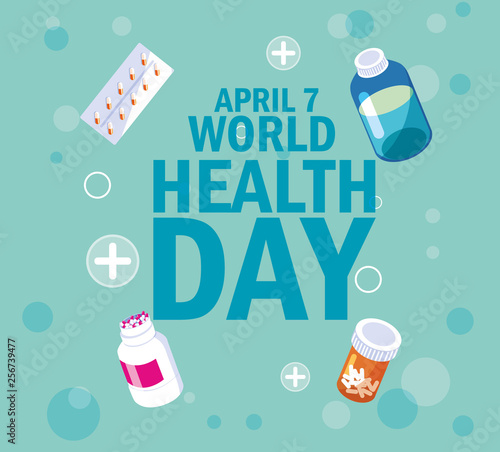 world health day card with bottles and medicines