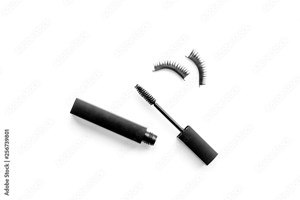 female desk with decorative cosmetic on white background flatlay copyspace female desk with decorative cosmetic on white background flatlay copyspace