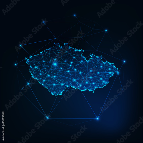 Czech Republic map glow silhouette outline made of stars lines dots triangles, low polygonal shapes.