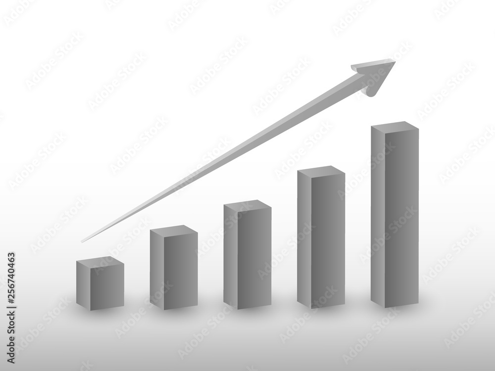 Upward trend of profit growth using bars and straight arrow sign for successful company vector illustration in gray color for business and finance Upward trend of profit growth using bars and straight arrow sign for successful company vector illustration in gray color for business and finance