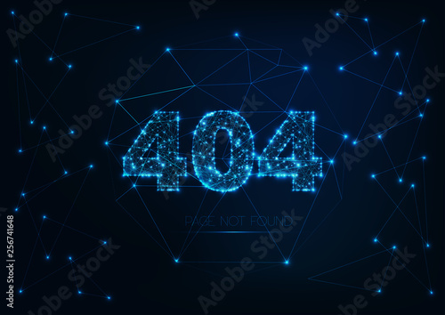 Futuristic glowing low polygonal error message 404 page not found on dark blue background.