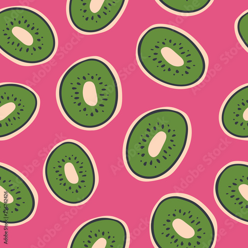 Vector Colorful fruit pattern of fresh kiwi slices on pink background. seamless pattern background.