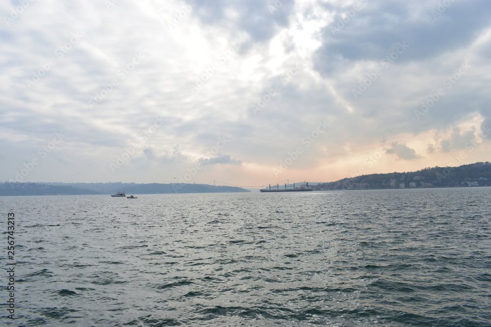 Sunset on the Bosphorus.ships passing through the Bosphorus. Sunset on the Bosphorus.ships passing through the Bosphorus.
