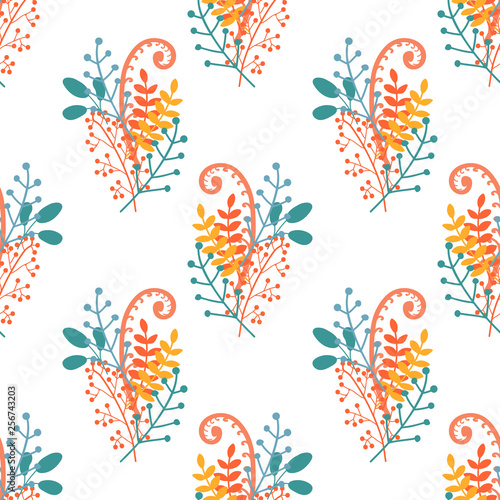 Vector floral pattern in decorative style. Hand drawn groups of branches  berries and leaves on white background  seamless illustration.