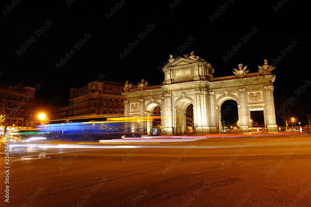 The Puerta de Alcala.  Alcala Gate is a Neo-classical monument in the Plaza de la Independencia in Madrid.