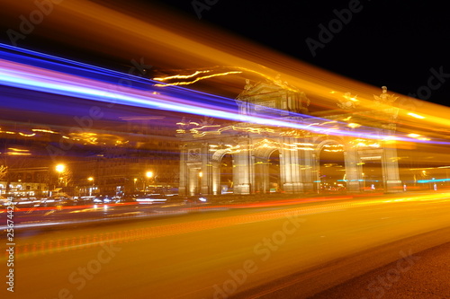 The Puerta de Alcala.  Alcala Gate is a Neo-classical monument in the Plaza de la Independencia in Madrid.