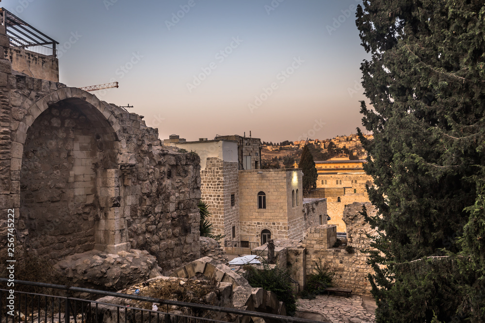 Jerusalem - October 03, 2018: Ruins of ancient Jerusalem in the old City of Jerusalem, Israel