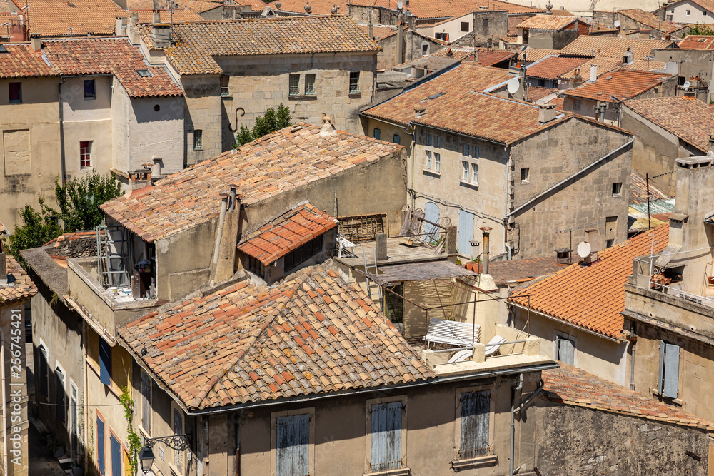Restaurants, houses and narrow streets as viewed from the Roman amphitheatre in Arles, France