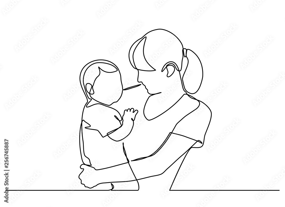 continuous line drawing of family, parenthood and people concept - happy Mother playing with little baby at home - vector