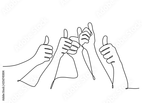 continuous line drawing. Many people congratulate a winner and holding their thumbs up isolated on white background