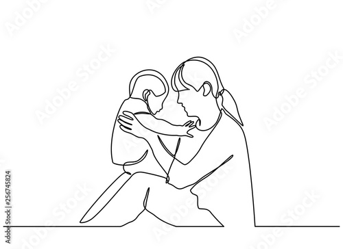 continuous line drawing of family, parenthood and people concept - happy Mother playing with little baby at home - vector