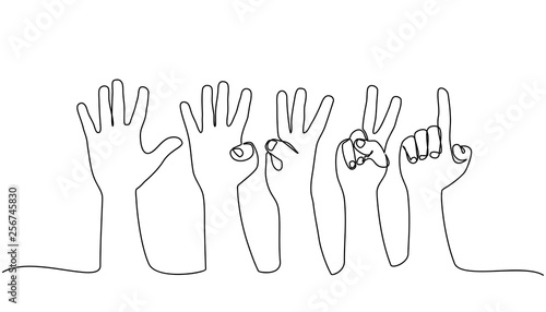 continuous line drawing. counting hands on the finger of one to five isolated on white background