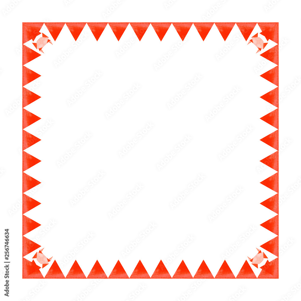 Obraz premium Watercolor square frame red triangles (sea imitation) in a row with crabs on a white background. Origami style. Illustration.