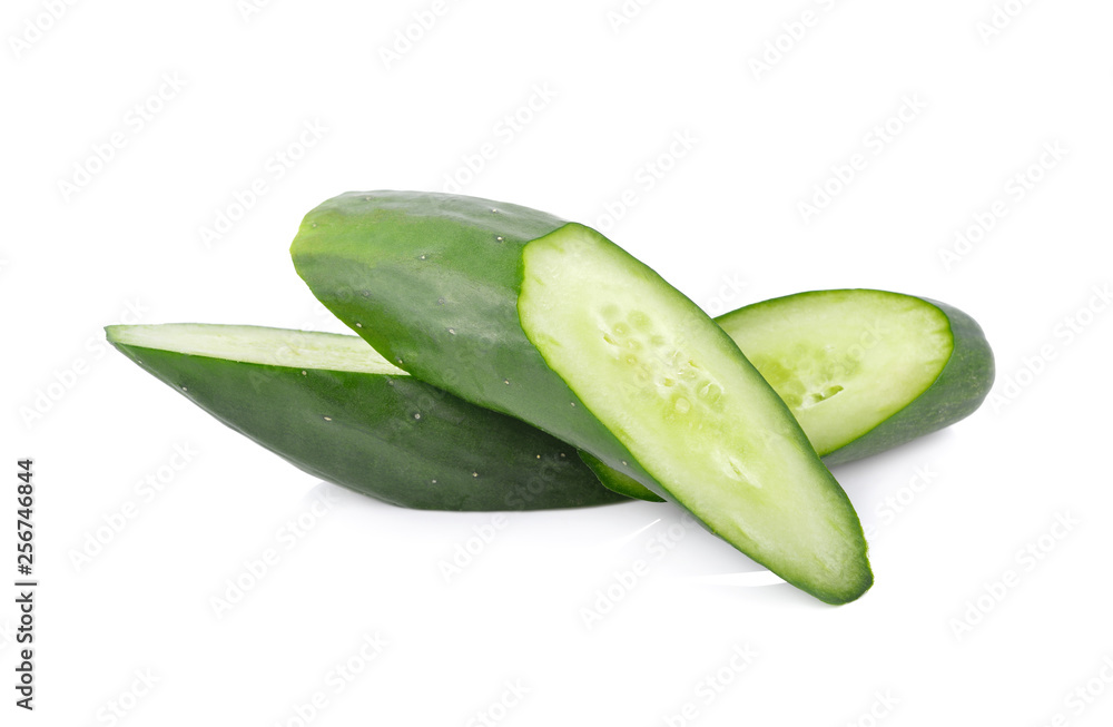 portion cut fresh Japanese cucumber on white background